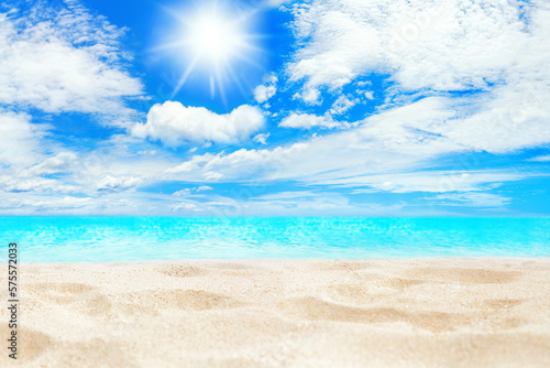 Tropical island paradise beach nature, sand, blue sea water, turquoise ocean, sun sky white clouds, beautiful panorama landscape, summer holidays, vacation template, travel banner, empty copy space