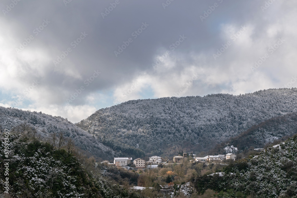 Village in the snowy mountains. Urtasun. Esteribar Valley, Navarra