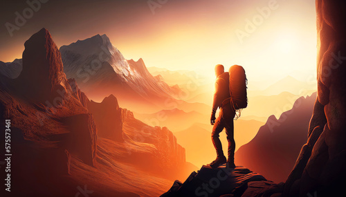 A Striking Illustration of a Man Climbing a Majestic Mountain at Sunset. Generative ai © BigMindOutfit
