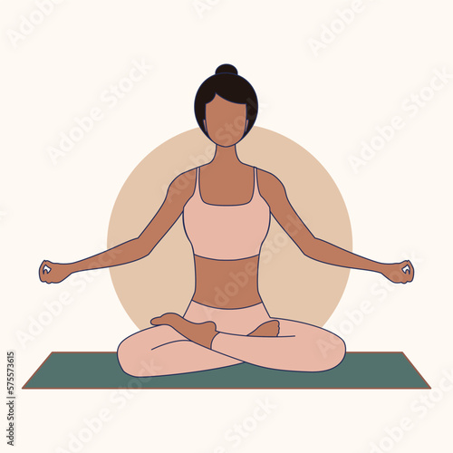 A woman sits in a lotus position with her arms spread out to the sides against the backdrop of the sun. Banner, postcard, yoga advertisement. Vector flat illustration