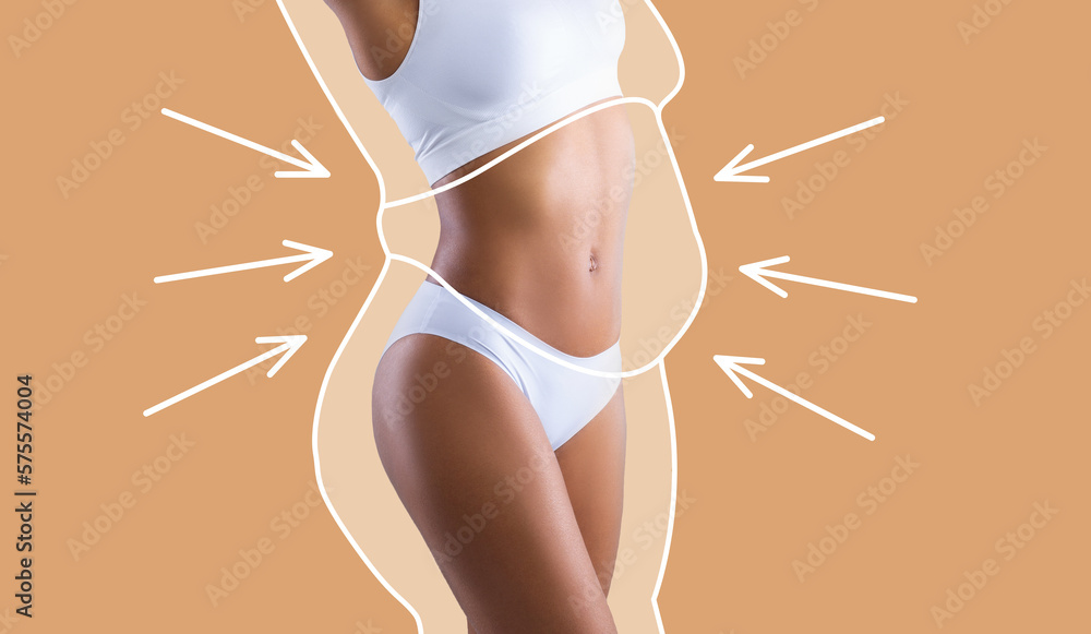 Young slim african american lady in white lingerie enjoys weight loss result with fat abstract body around - obrazy, fototapety, plakaty 