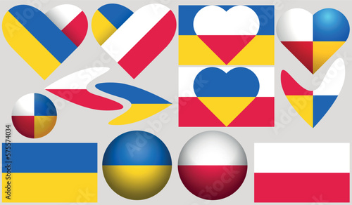 Poland Pl and UA Ukraine, Polish and Ukrainian patriotic friendship set. Flags, icon, button, heart