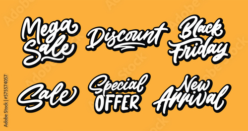 Discount sale new arrival promotion shop sign. Brush hand drawn design. Lettering typography design.
