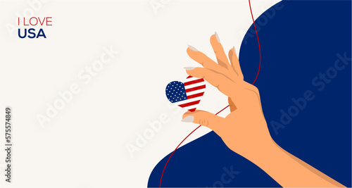 A woman's hand holds a heart with the USA flag.  I love USA. National day , Independence Day,  July 4th. 
I Love America. United State of America.
Banner, background. Vector Illustration	

 photo