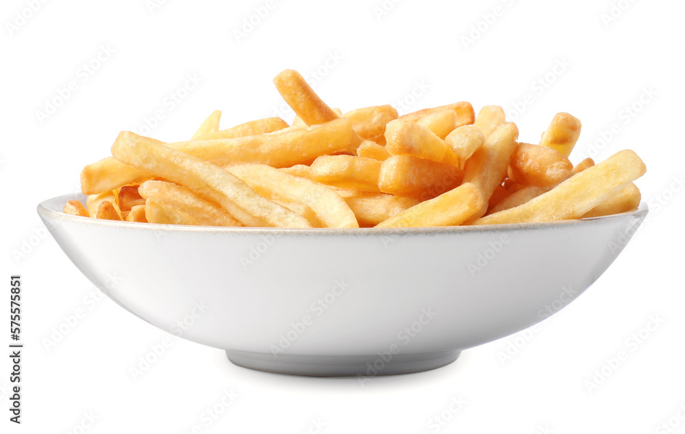 Bowl of tasty french fries isolated on white Bowl of tasty french fries isolated on white