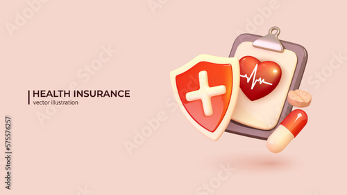 3D Health insurance concept. Realistic 3d design of Big clipboard with document checklist Life insurance family health care protection and medical service in cartoon minimal style. Vector illustration