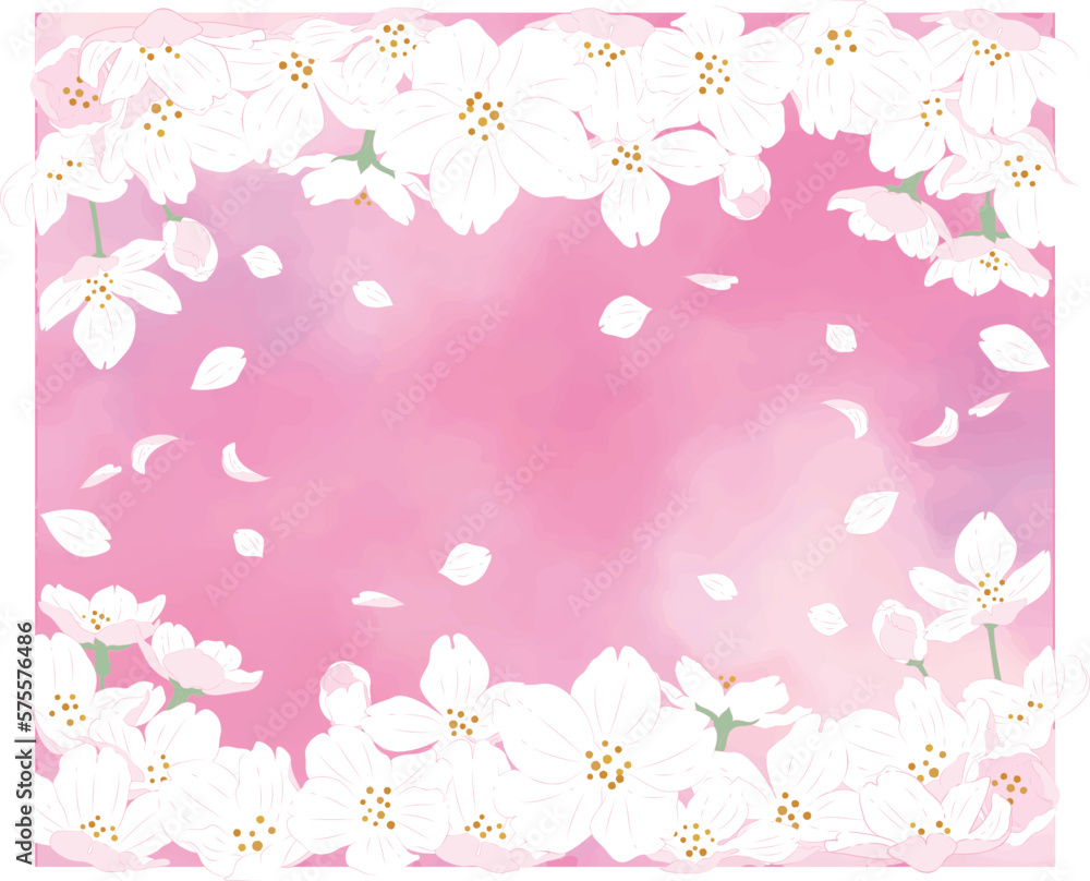 水彩画背景に桜のイラスト｜上下に花｜6:5