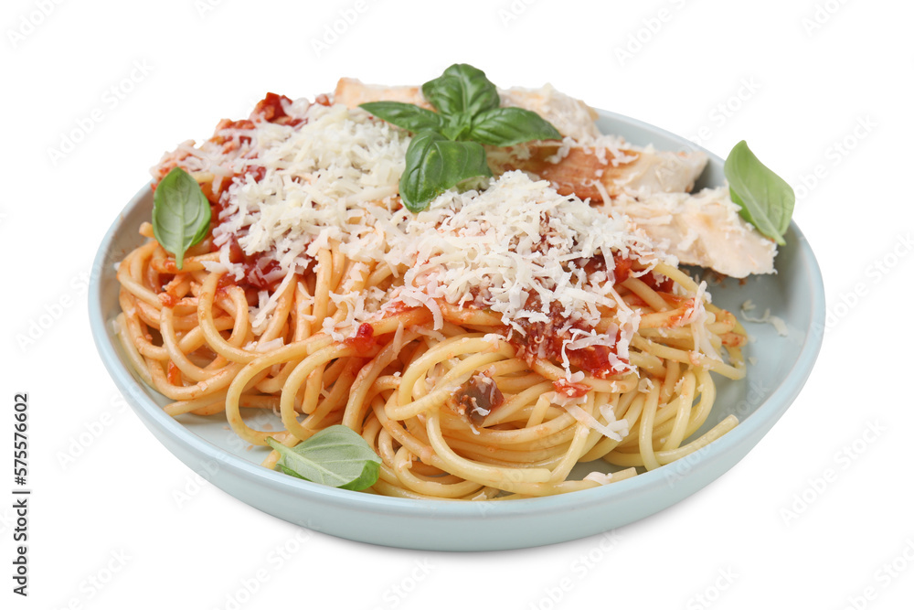 Delicious pasta with tomato sauce, chicken and parmesan cheese isolated on white Delicious pasta with tomato sauce, chicken and parmesan cheese isolated on white