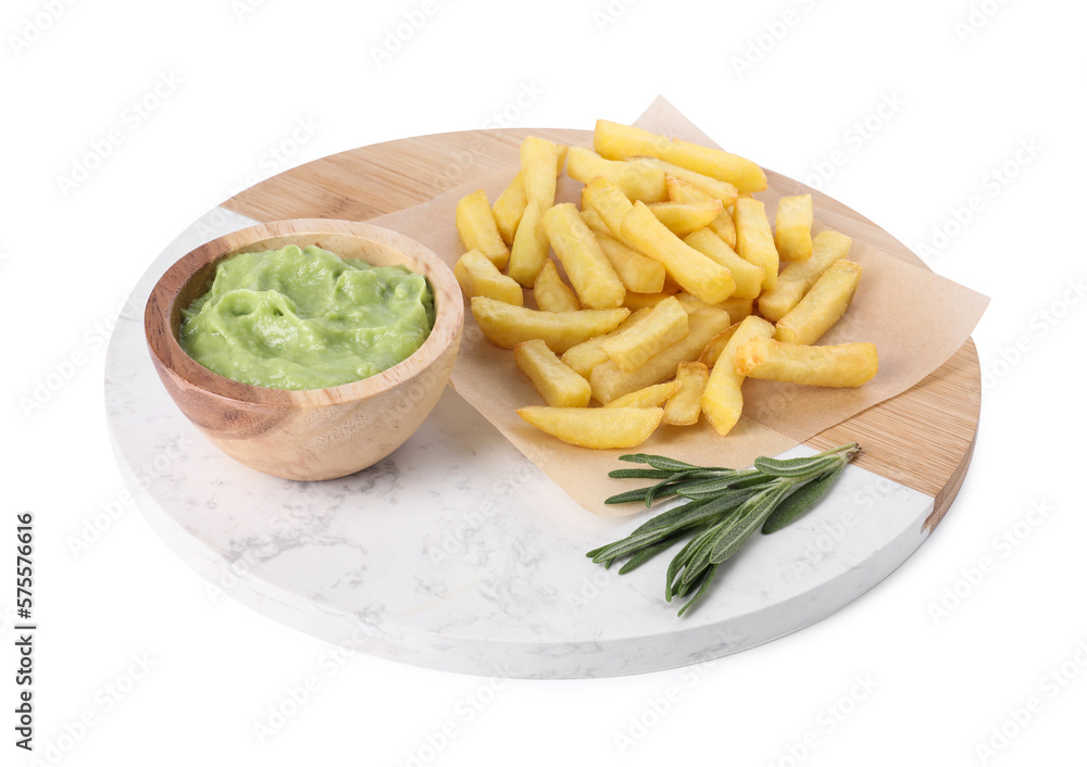 Tray with delicious french fries, avocado dip and rosemary isolated on white