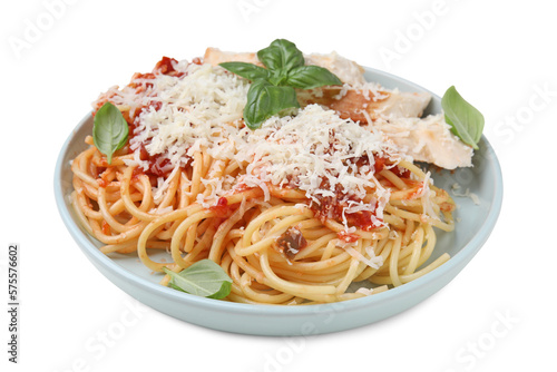 Delicious pasta with tomato sauce, chicken and parmesan cheese isolated on white