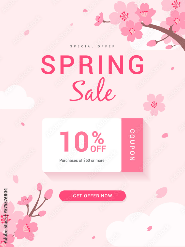 Spring Sale coupon template poster vector design. Cherry Blossoms branch on pink background