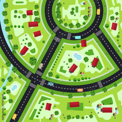 Top view city drone view with family house buildings,, cars, streets a nd river - vector