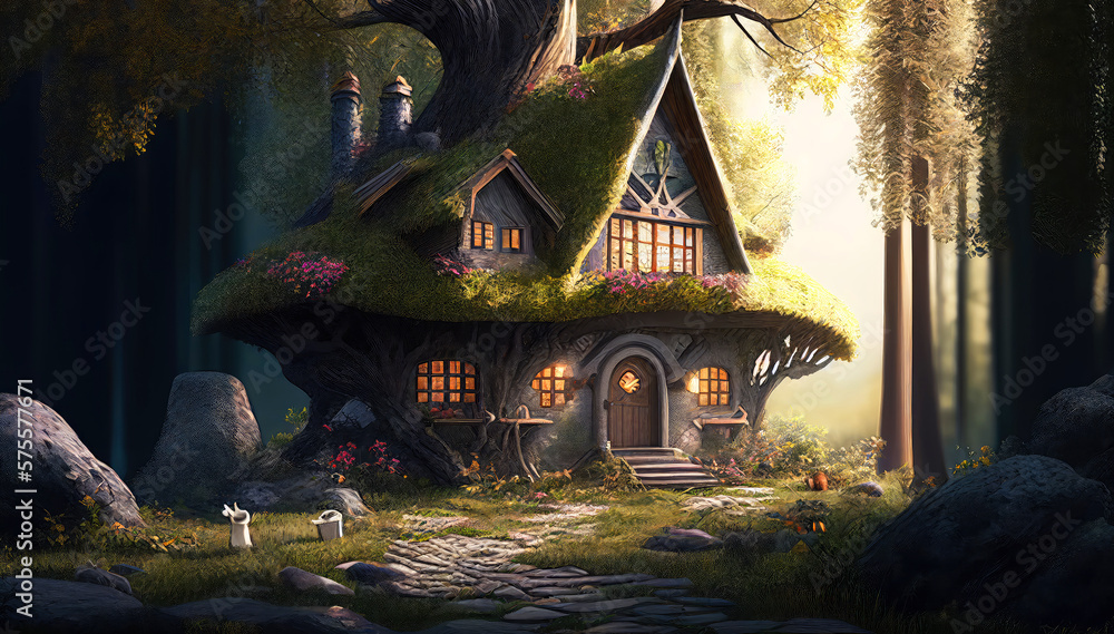 An Enchanting Illustration of a Fantasy House in the Mystical Woods. Generative AI