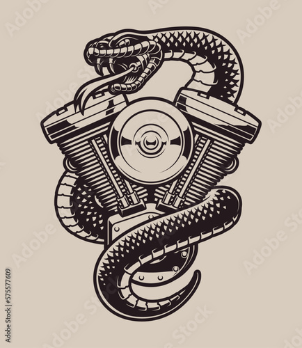 Vector vintage biker illustration snake with engine and wings on a light background 