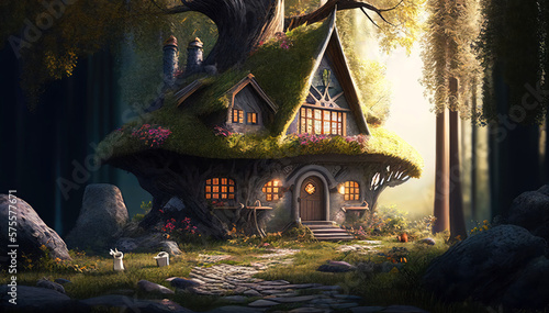 An Enchanting Illustration of a Fantasy House in the Mystical Woods. Generative AI
