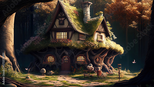 An Enchanting Illustration of a Fantasy House in the Mystical Woods. Generative AI