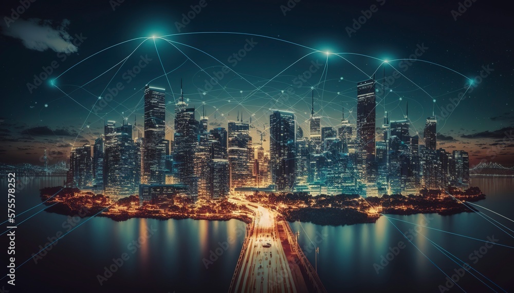 Fototapeta premium Wireless network and Connection technology concept with city background at night, Generative AI.