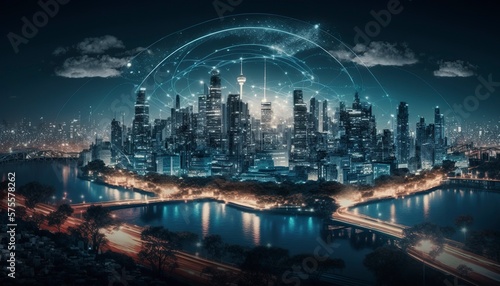 Wireless network and Connection technology concept with city background at night, Generative AI.