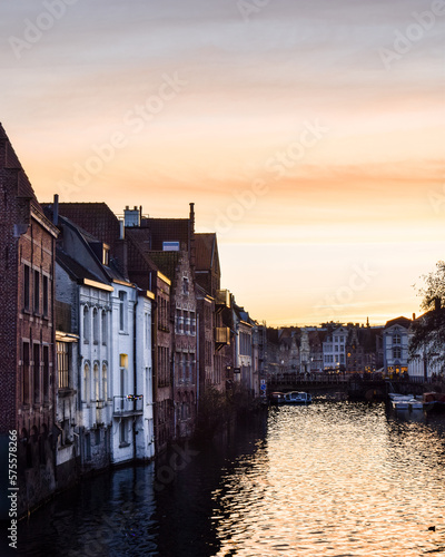 Canal houses in Ghent, Belgium during sunset
