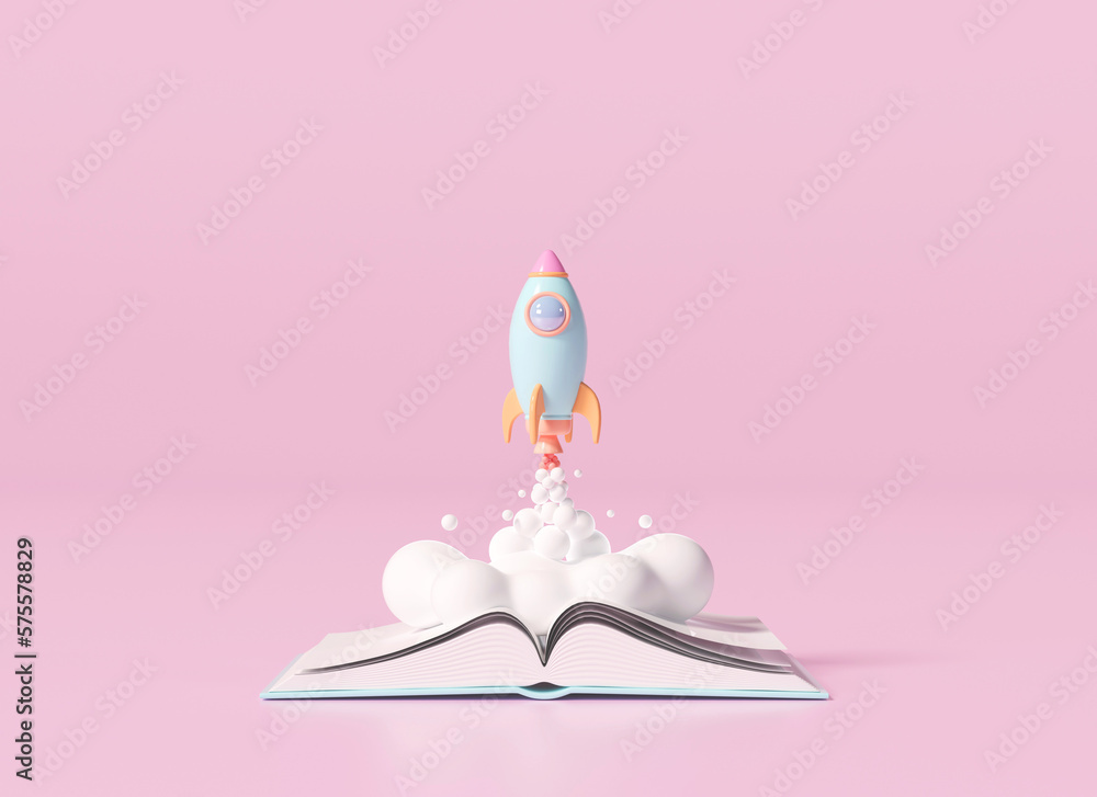 3d open book with rocket soaring Fresh start, smart and intelligent concept from reading book. 3d illustration 3d open book with rocket soaring Fresh start, smart and intelligent concept from reading book. 3d illustration