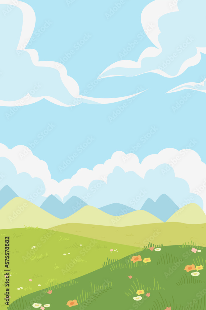 Beautiful illustration of spring nature. Flowers blooming in meadow under blue sky