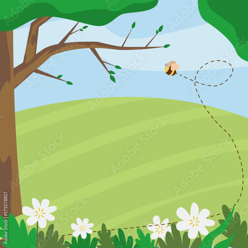 Beautiful illustration of spring nature. Bee flying near trees and flowers in meadow