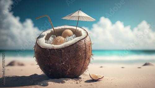 coconut cocktail on the beach sunny weather. Generative AI