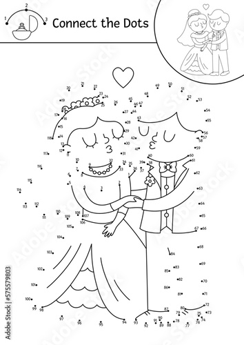 Vector dot-to-dot and color activity with cute kissing just married couple. Wedding connect the dots game for children with bride and groom. Marriage ceremony coloring page for kids..