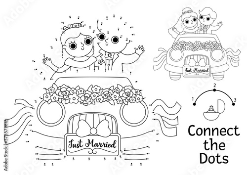 Vector dot-to-dot and color activity with cute just married couple. Wedding connect the dots game for children with bride, groom going for honeymoon. Marriage ceremony coloring page for kids.