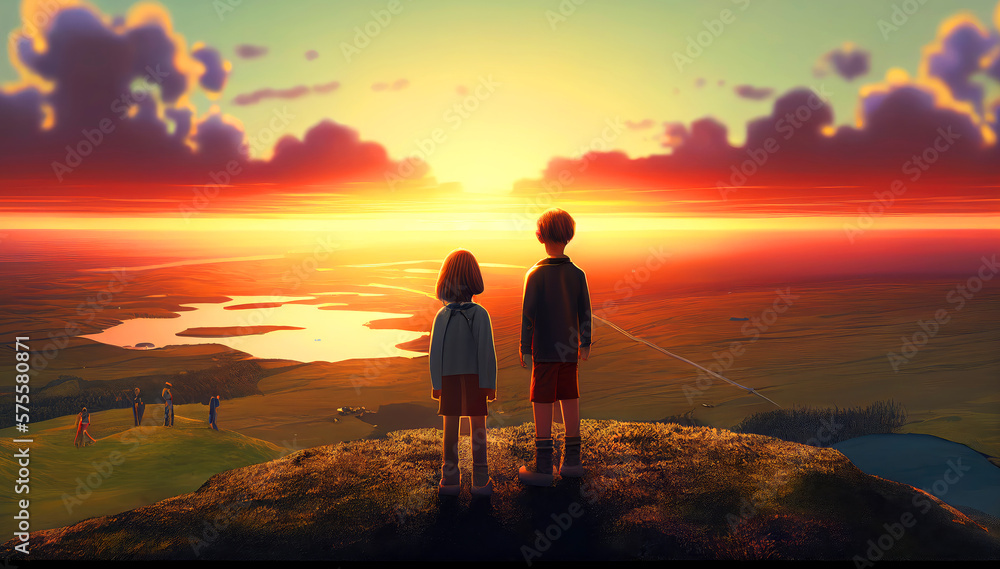Spectacular Sunset: An Illustration of Kids on a Hill Watching a Breathtaking Landscape, Filled with Natural Wonder and Joyful Adventure. Generative AI