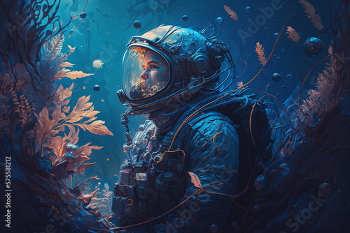 Sci-fi Astronaut in a magnificent fantasy world underwater. AI Generated