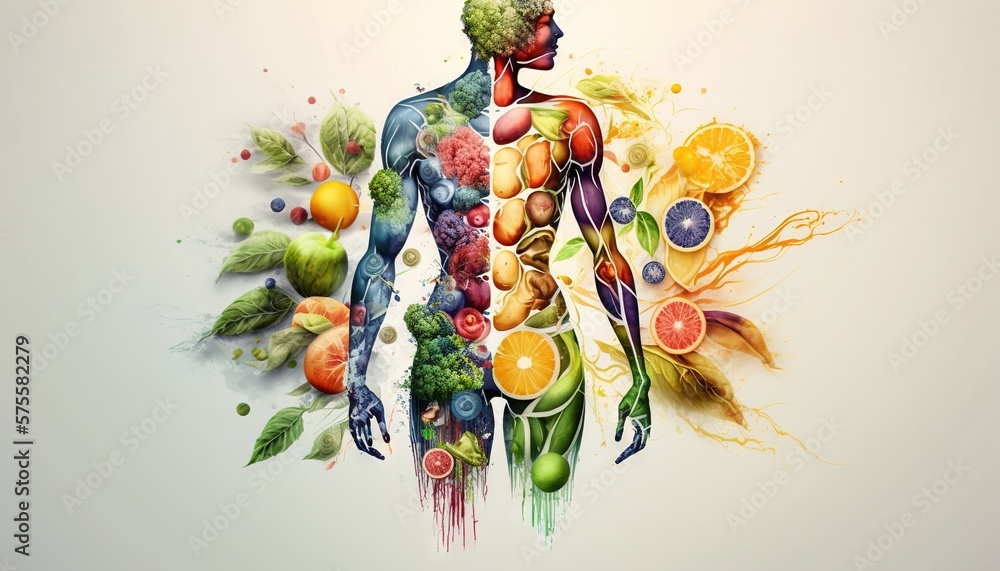 Man is made of vegetables and fruit. Vegan lifestyle concept, Healthy food fitness generative ai - obrazy, fototapety, plakaty 