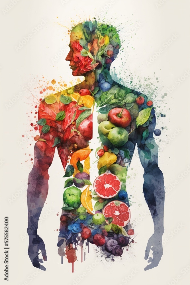 Man is made of vegetables and fruit. Vegan lifestyle concept, Healthy food fitness generative ai