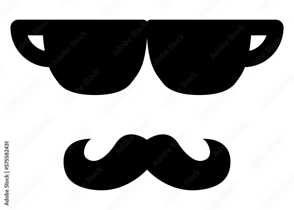 Logo coffee bar. Silueta aislada de tazas de café con forma de gafas de sol y bigote como la cara de un hipster Logo coffee bar. Silueta aislada de tazas de café con forma de gafas de sol y bigote como la cara de un hipster