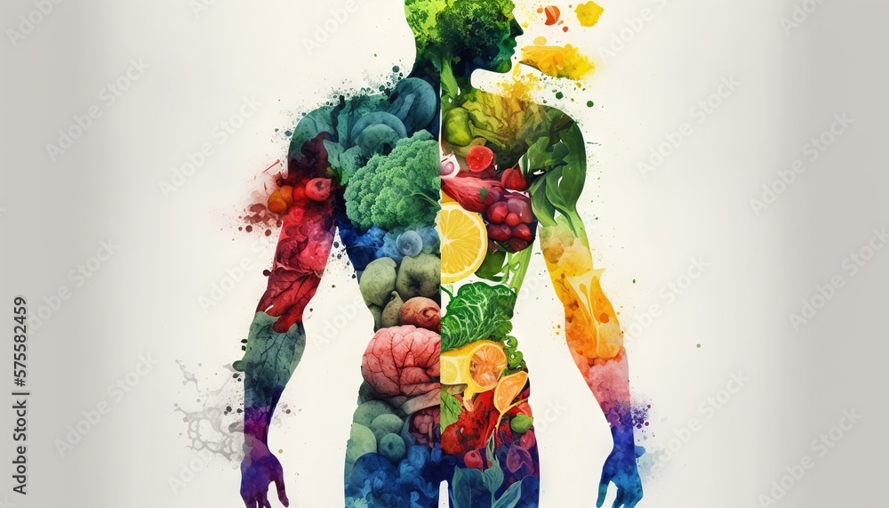 Obraz premium Man is made of vegetables and fruit. Vegan lifestyle concept, Healthy food fitness generative ai
