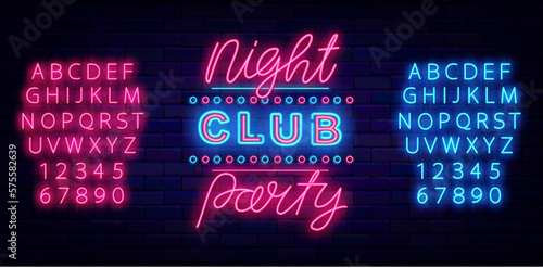 Night club party neon label. Evening event. Luminous flyer. Disco dance club performance. Vector illustration