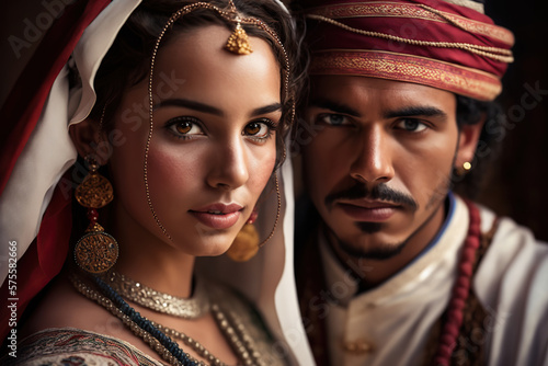 Generative AI illustration.Moroccan young couples in traditional clothing.