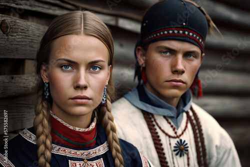 Young Scandinavian Sámi Indigenous People in Traditional Clothing. Generative AI illustration. photo