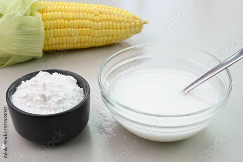 Cornstarch water in a bowl, used for the purpose of thickening sauce.