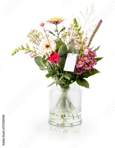 Fotografia Beautiful bouquet of pink , white ,red roses in a festive round base on png transparent background with reflection