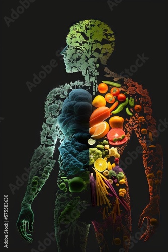 Man is made of vegetables and fruit. Vegan lifestyle concept, Healthy food fitness generative ai