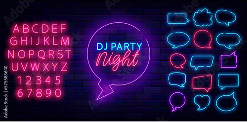 Dj party night neon emblem. Evening party. Speech bubbles frames set. Shiny pink alphabet. Vector stock illustration