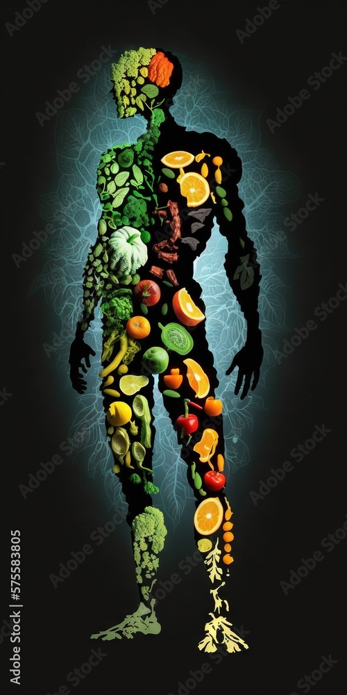 Man is made of vegetables and fruit. Vegan lifestyle concept, Healthy food fitness generative ai Man is made of vegetables and fruit. Vegan lifestyle concept, Healthy food fitness generative ai