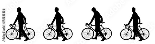 A guy is standing next to the bike. Man and bicycle. The cyclist holds the handlebars of the bicycle with his hands. Side view, profile. Four black male silhouettes isolated on white background © Yurii