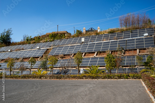 Dusty solar panels surface requires maintenance and cleaning. Solar power electric generating system and facility