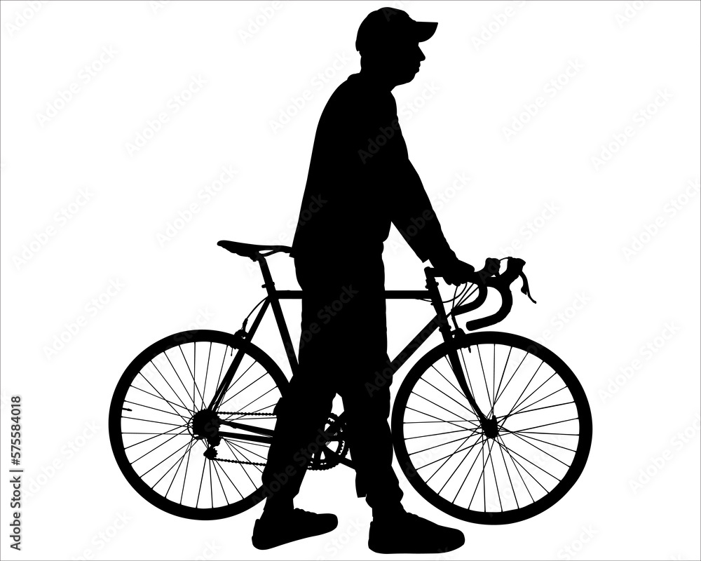 The guy in the cap holds the steering wheel of a bicycle in his hands. A young man with a bicycle. Side view. Sport. Sportsman. Cycling tourism. Black male silhouette isolated on white background The guy in the cap holds the steering wheel of a bicycle in his hands. A young man with a bicycle. Side view. Sport. Sportsman. Cycling tourism. Black male silhouette isolated on white background
