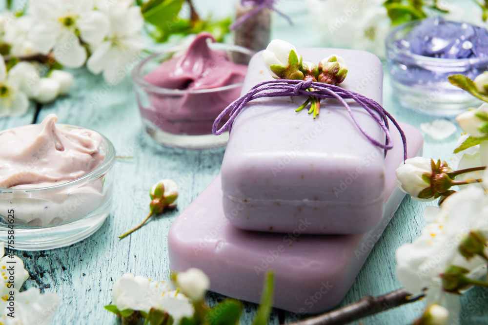 cosmetics, soaps and cherry flowers cosmetics, soaps and cherry flowers