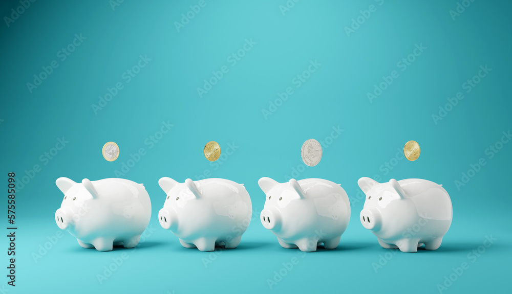 Piggy bank. Money box with falling coins. moneybox investing, 3D rendering