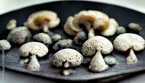 Different fresh wild mushrooms in bowl on black background. Generative Ai