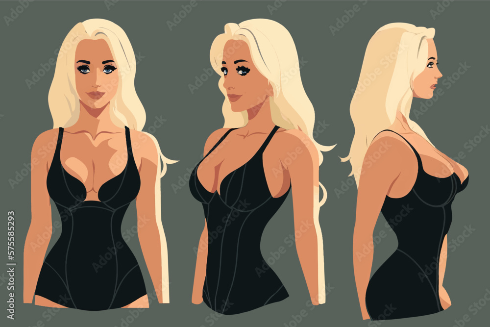 Beautiful sexy blonde girl in a black dress. Front, side, 3\4 view female character. 2d vector Beautiful sexy blonde girl in a black dress. Front, side, 3\4 view female character. 2d vector
